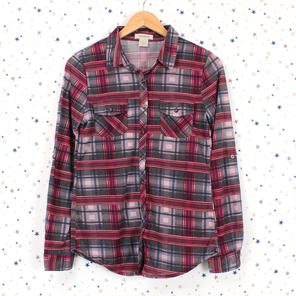 Berry Blush Knit Button Up Plaid Shirt